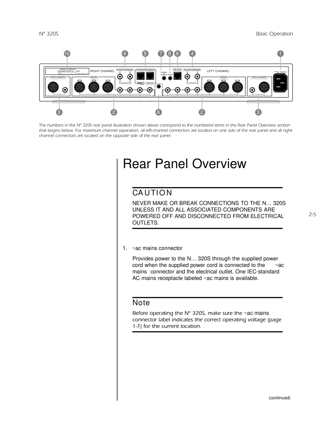 Mark Levinson N 320S owner manual Rear Panel Overview, ~ac mains connector 