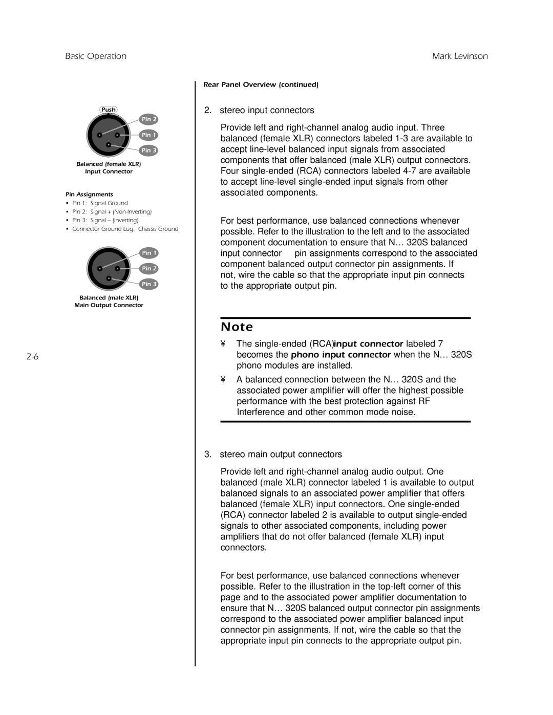 Mark Levinson N 320S owner manual Basic Operation, Stereo input connectors, Stereo main output connectors 