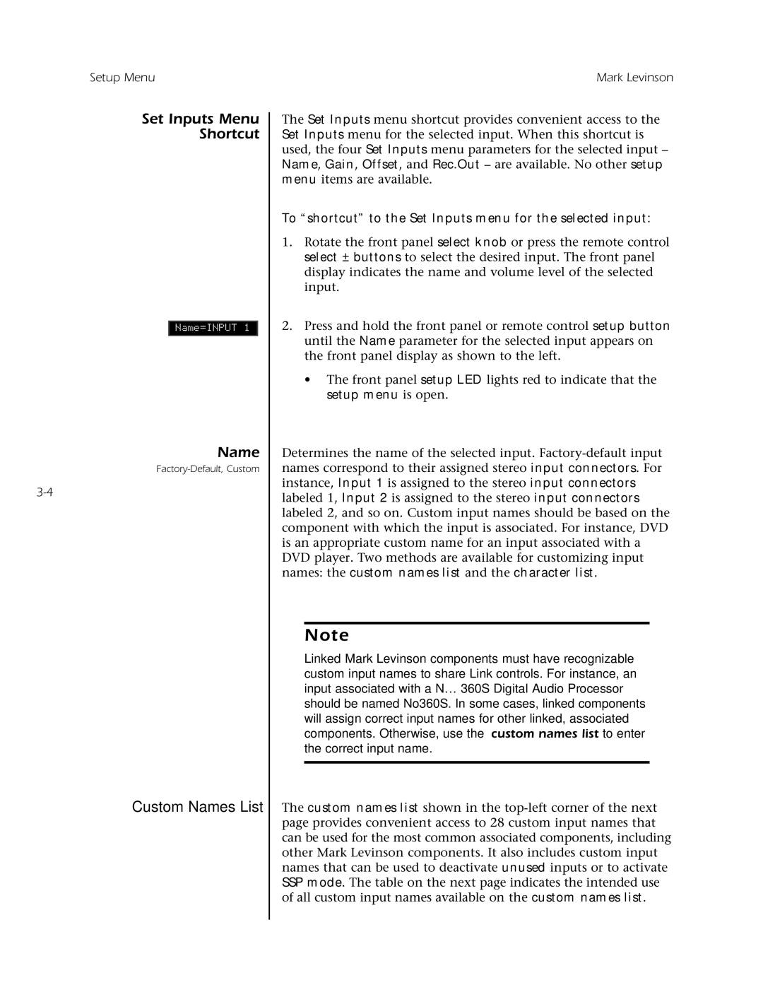 Mark Levinson N 320S owner manual Set Inputs Menu Shortcut, Custom Names List 