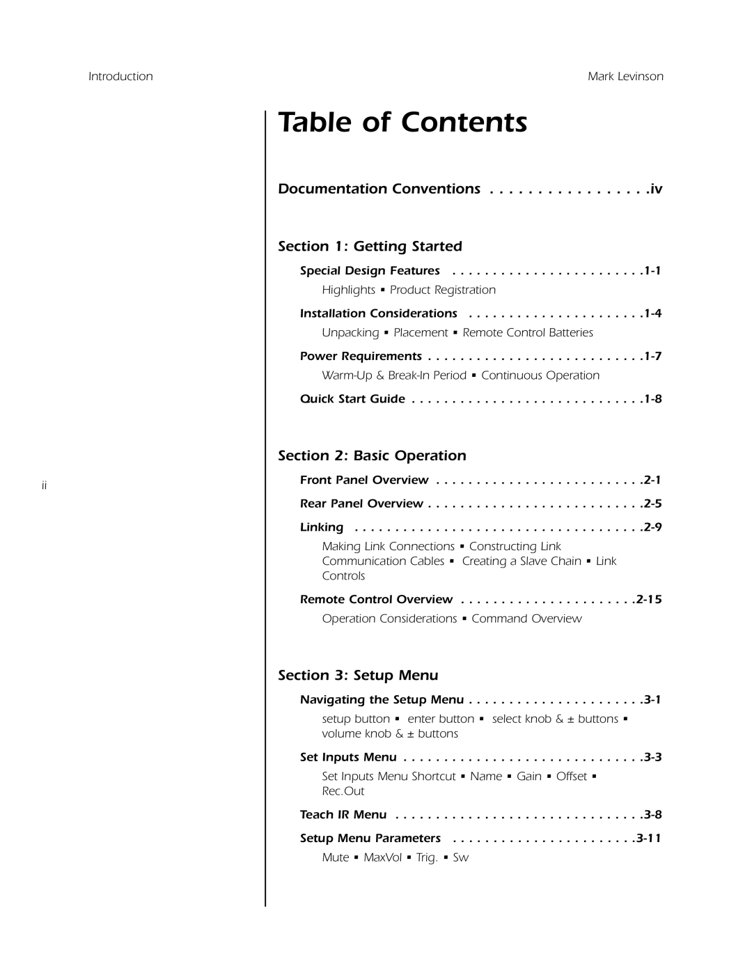 Mark Levinson N 320S owner manual Table of Contents 