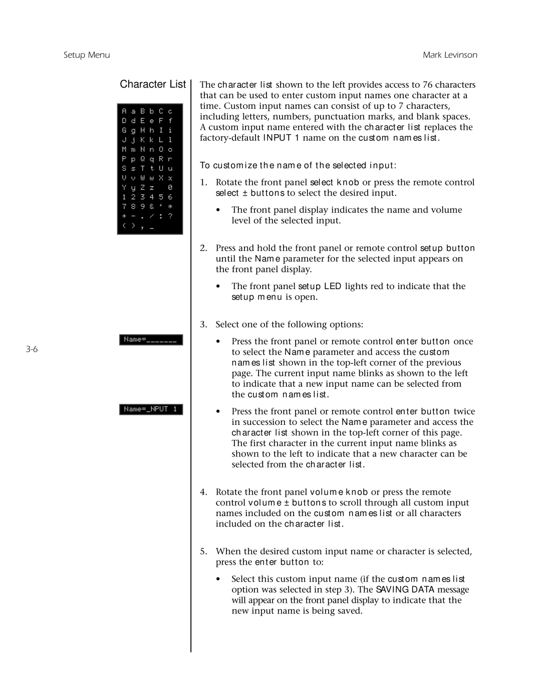 Mark Levinson N 320S owner manual Character List, To customize the name of the selected input 