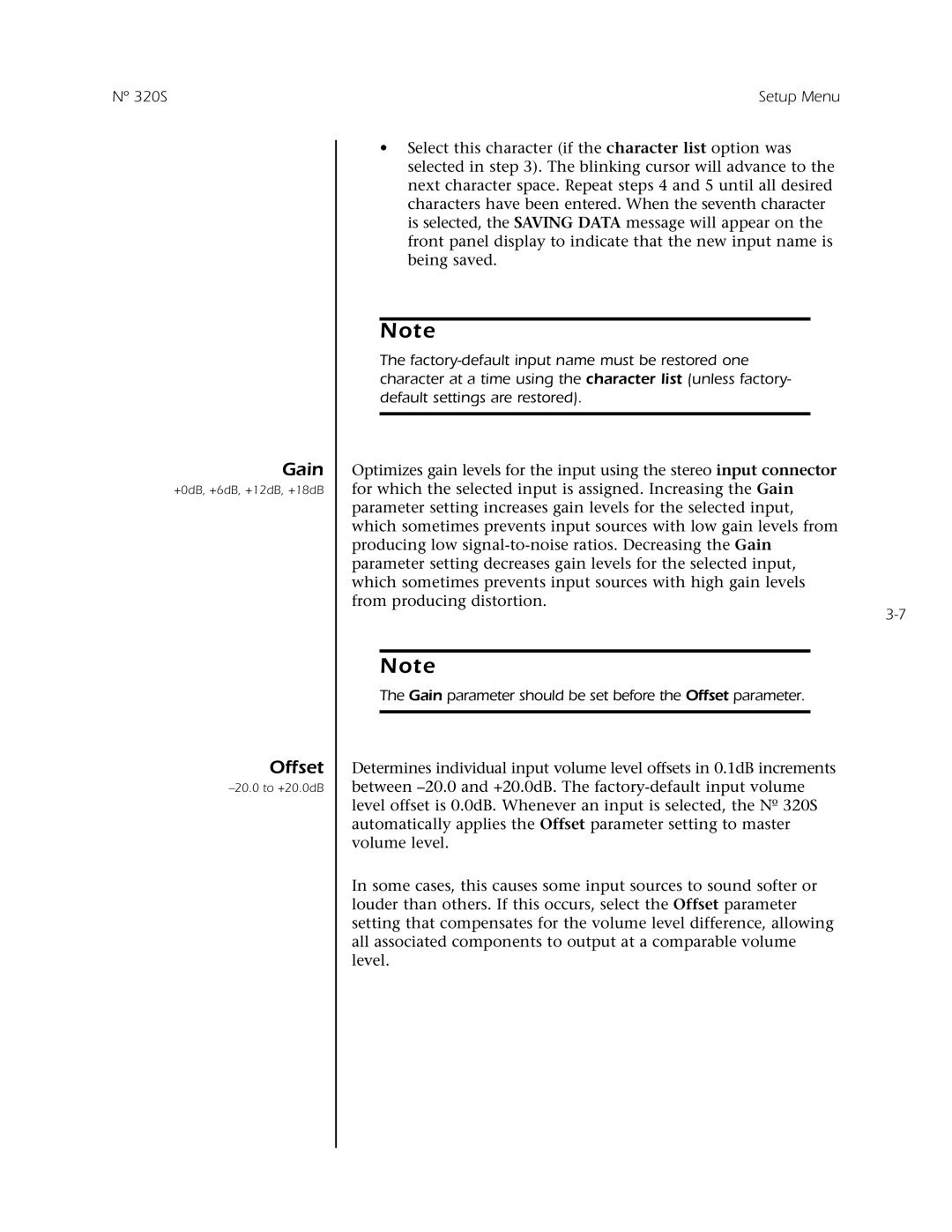 Mark Levinson N 320S owner manual Nº 320S Setup Menu, Gain parameter should be set before the Offset parameter 