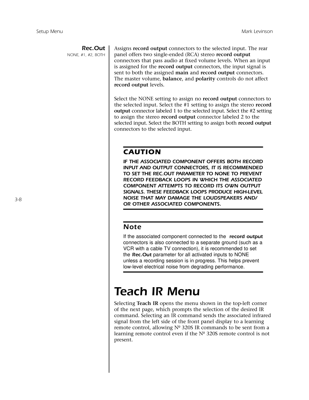 Mark Levinson N 320S owner manual Teach IR Menu, Rec.Out 