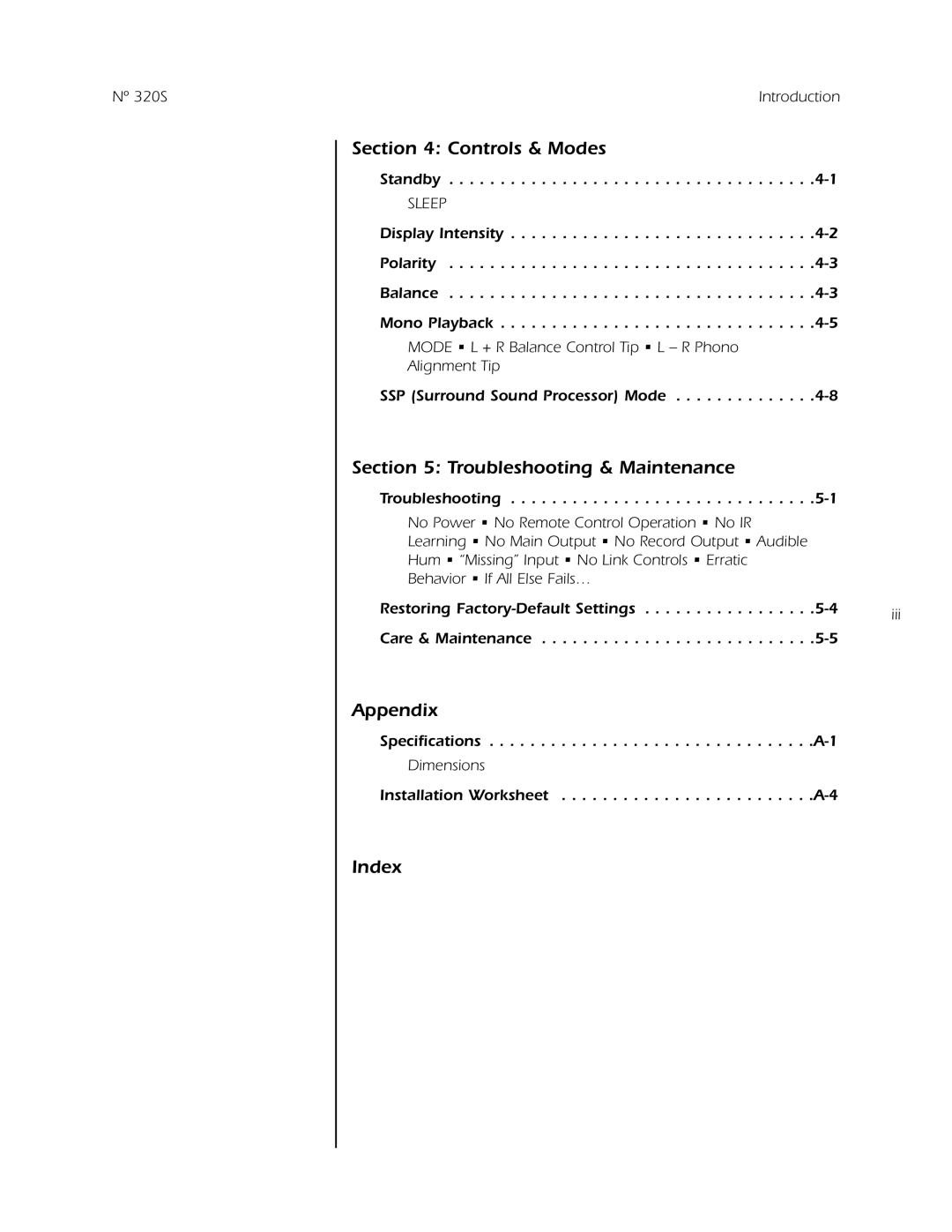 Mark Levinson N 320S owner manual Controls & Modes, Troubleshooting & Maintenance, Appendix, Index 