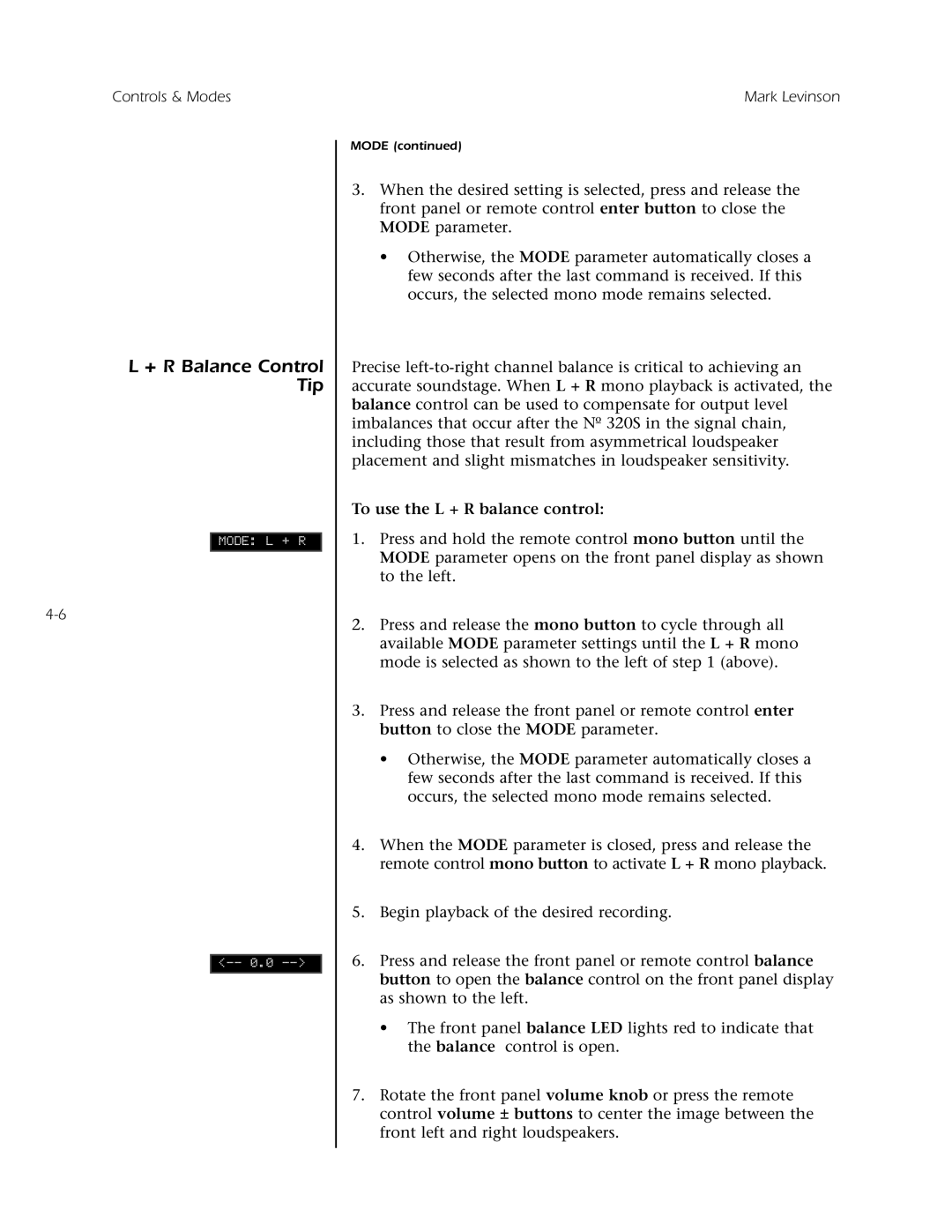 Mark Levinson N 320S owner manual + R Balance Control Tip, To use the L + R balance control 