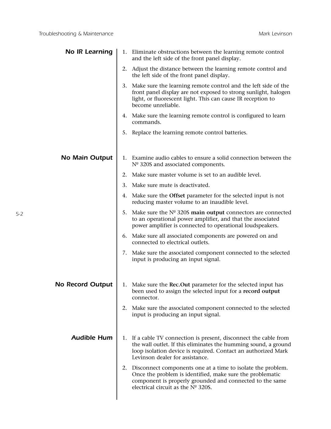 Mark Levinson N 320S owner manual No IR Learning No Main Output No Record Output Audible Hum, Troubleshooting & Maintenance 
