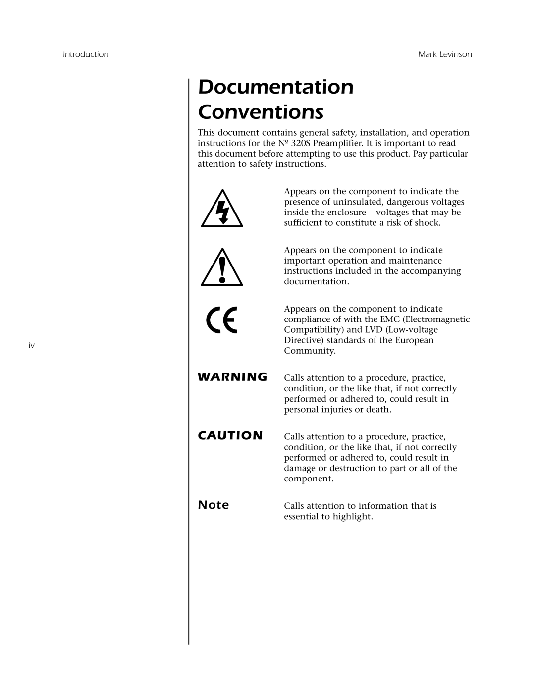 Mark Levinson N 320S owner manual Documentation Conventions 