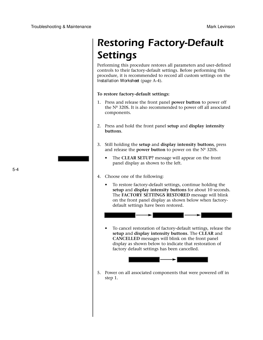 Mark Levinson N 320S owner manual Restoring Factory-Default Settings, To restore factory-default settings 