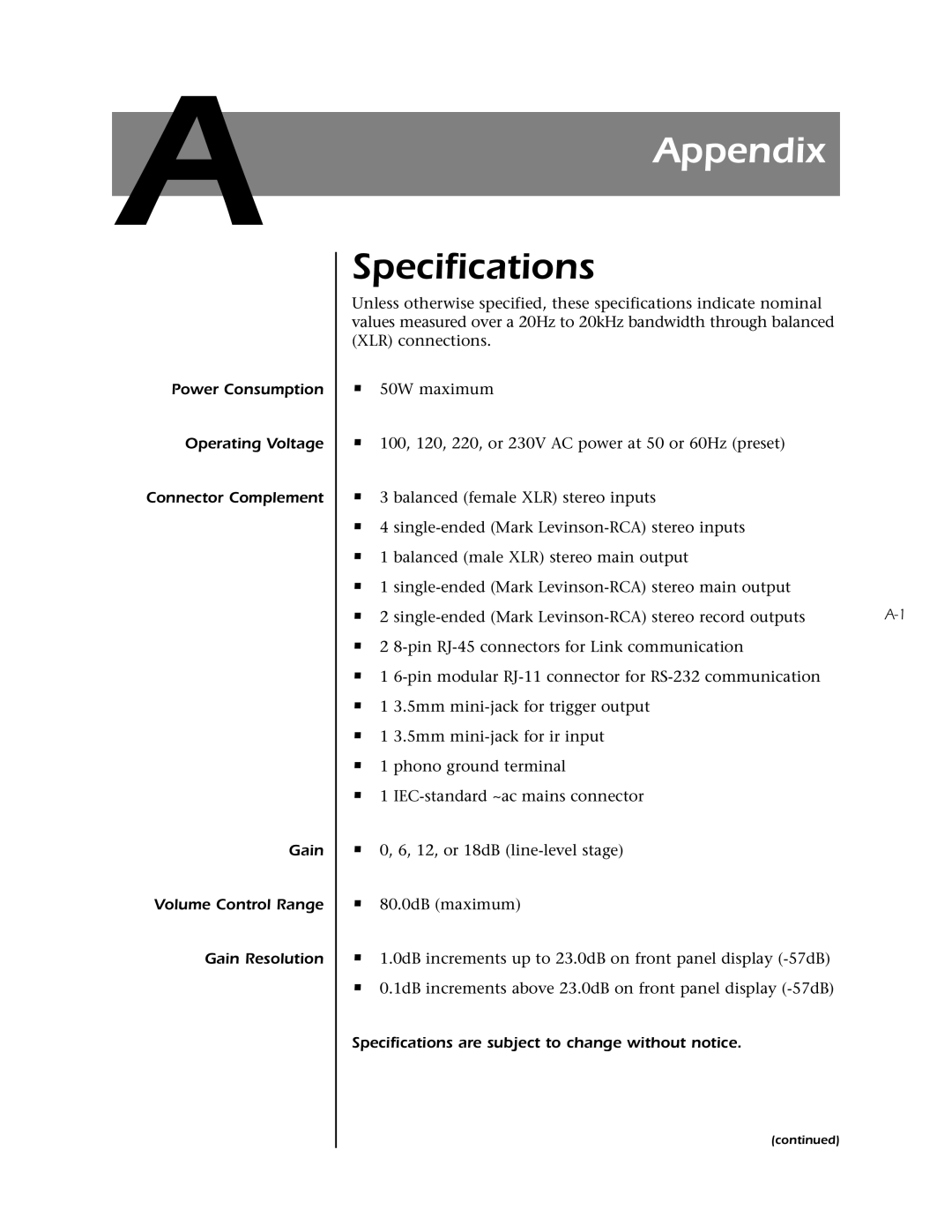 Mark Levinson N 320S owner manual Appendix, Specifications are subject to change without notice 