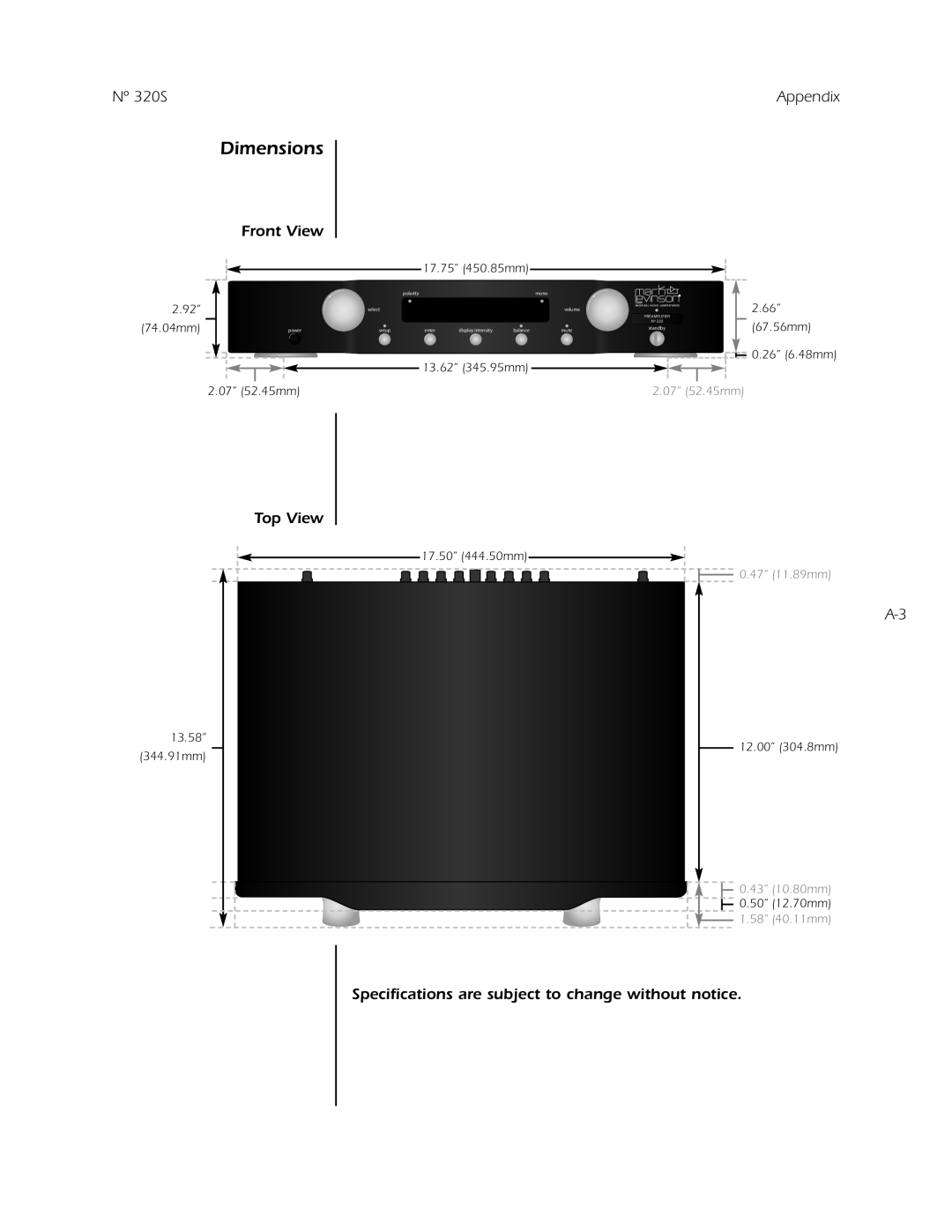 Mark Levinson N 320S owner manual Dimensions, Front View, Top View 