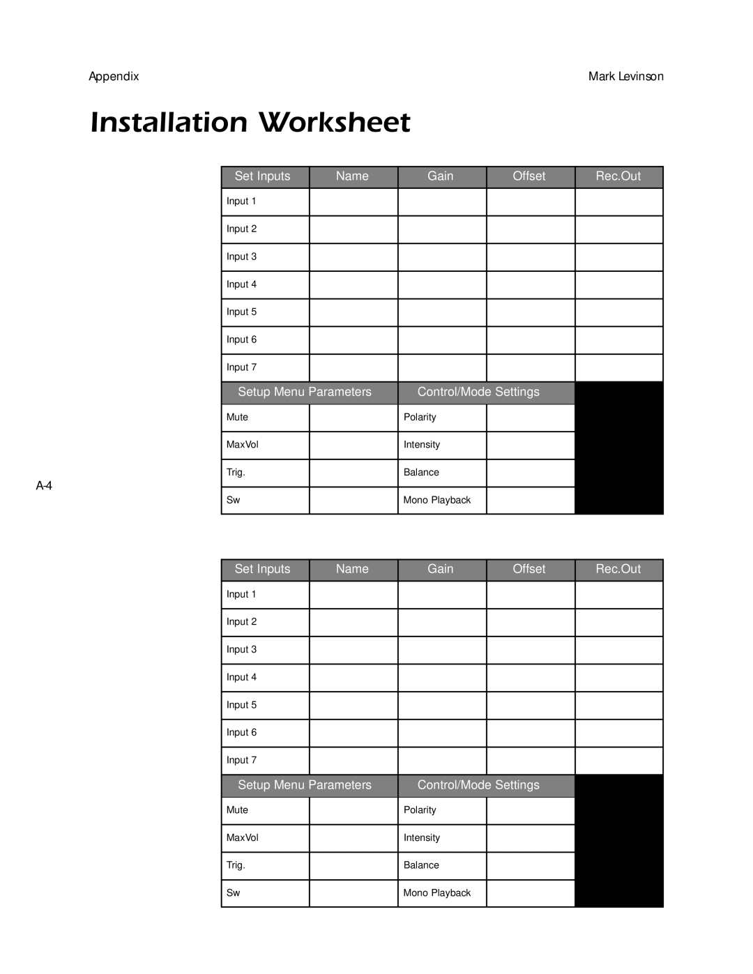 Mark Levinson N 320S owner manual Installation Worksheet, Mute Polarity MaxVol Intensity Trig Balance Mono Playback 