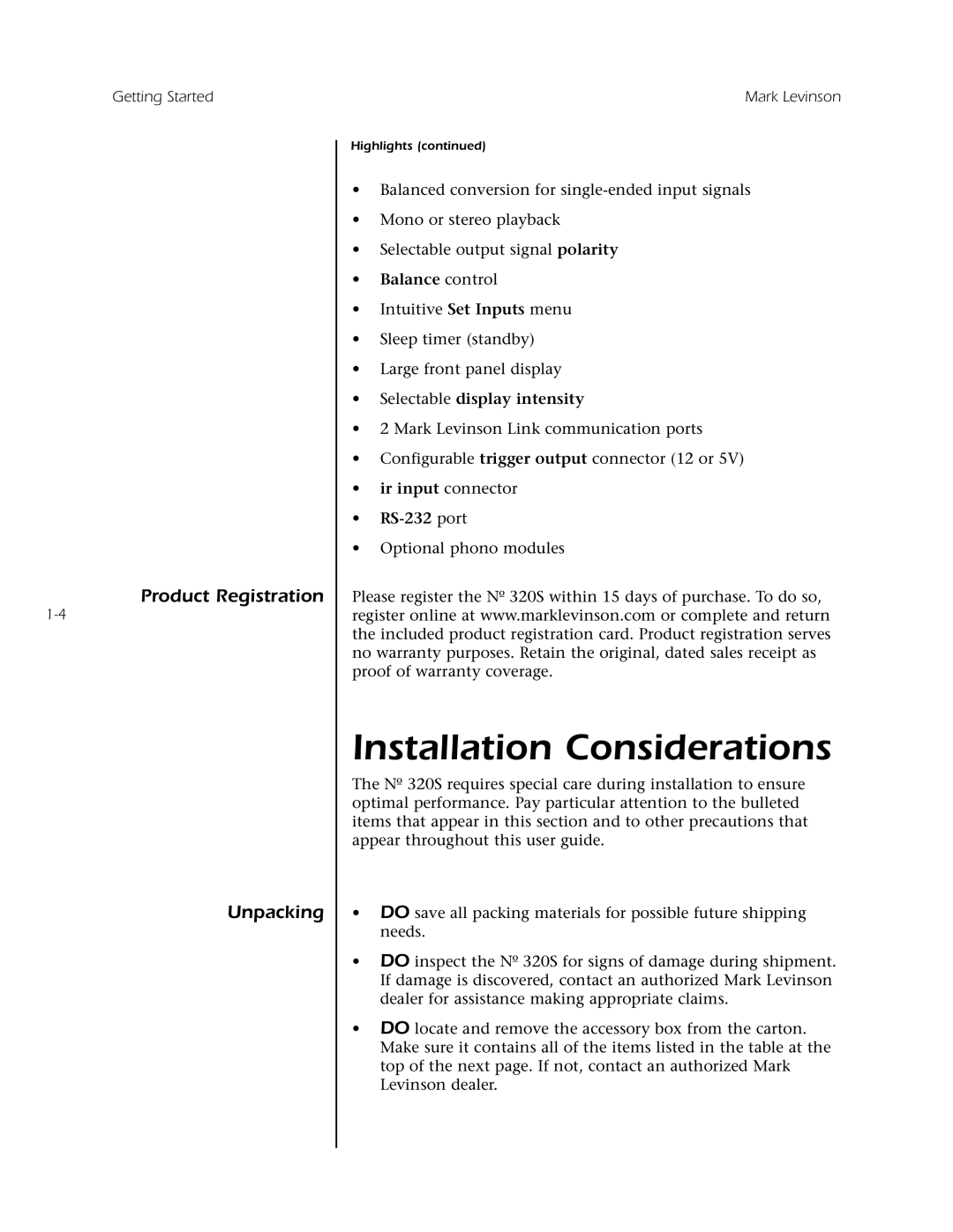 Mark Levinson N 320S owner manual Installation Considerations, Product Registration, Unpacking, •Balance control 