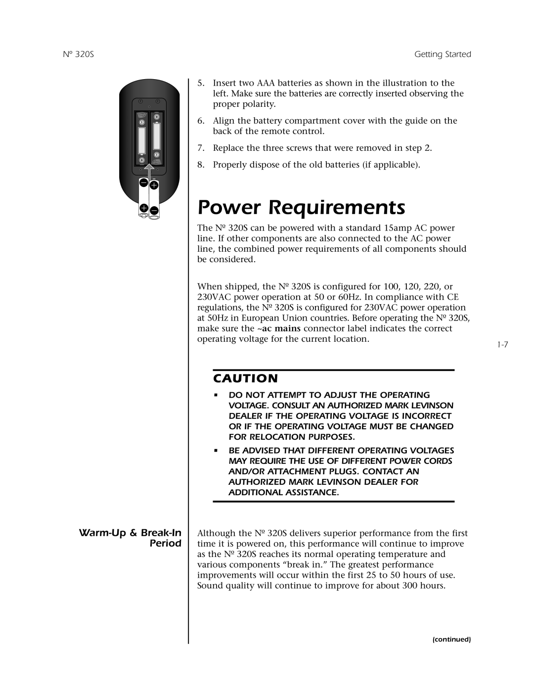 Mark Levinson N 320S owner manual Power Requirements, Warm-Up& Break-InPeriod 