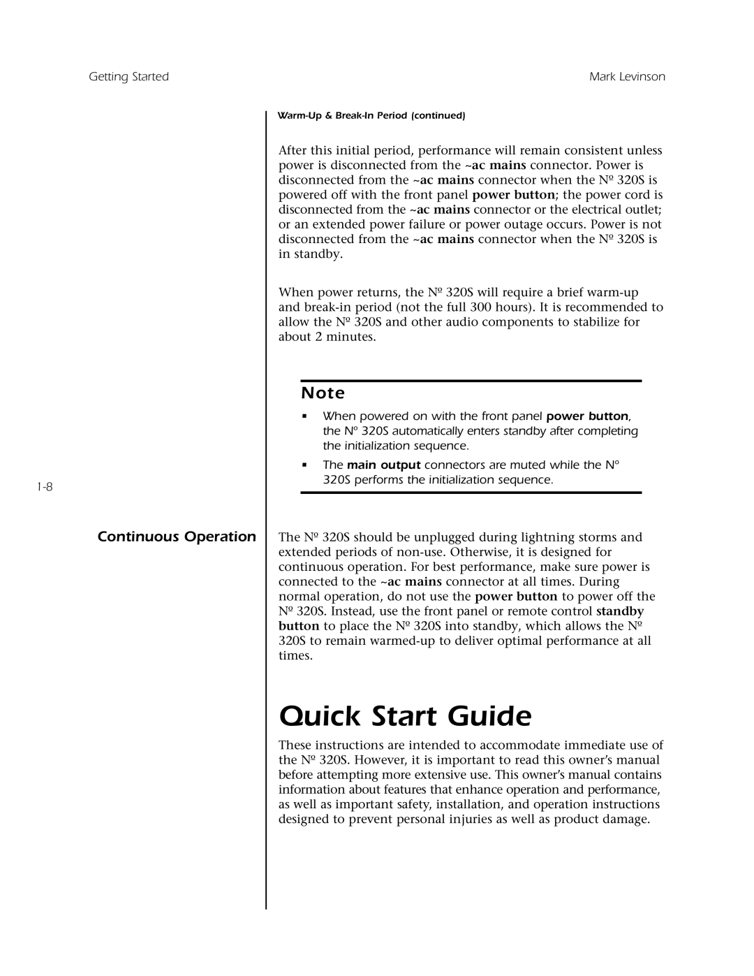 Mark Levinson N 320S owner manual Quick Start Guide, Continuous Operation 