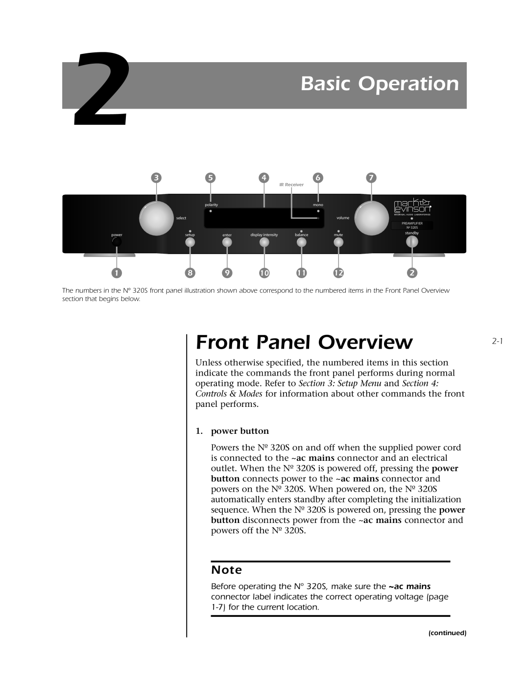 Mark Levinson N 320S owner manual Basic Operation, Front Panel Overview, power button 