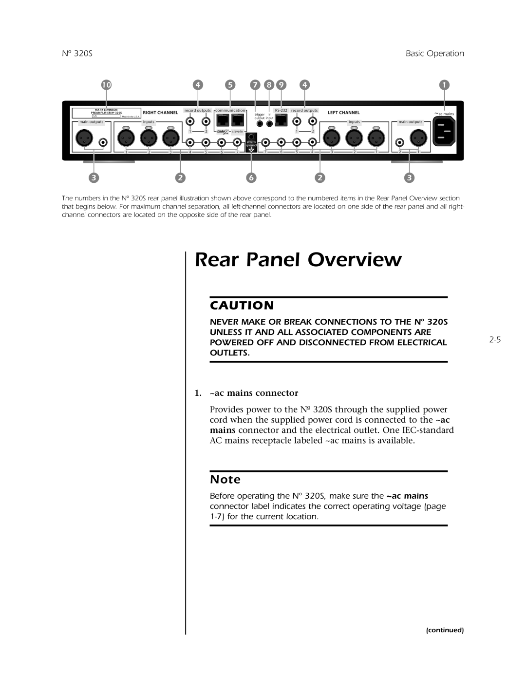 Mark Levinson N 320S Rear Panel Overview, 1.~ac mains connector, NEVER MAKE OR BREAK CONNECTIONS TO THE Nº 320S 