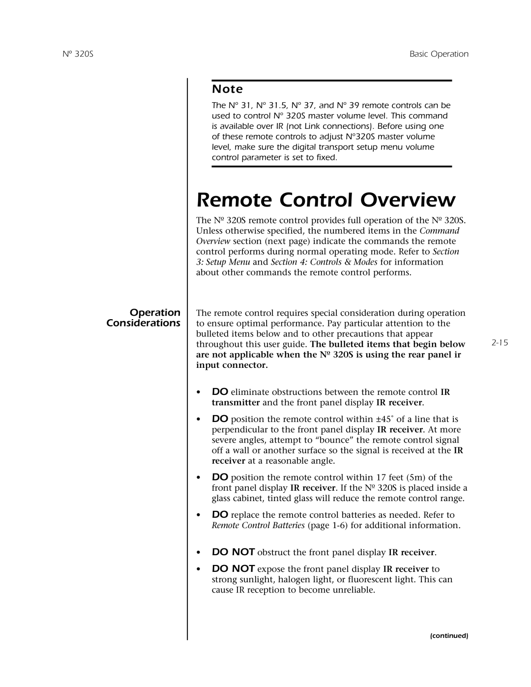 Mark Levinson N 320S owner manual Remote Control Overview, Operation Considerations, input connector 