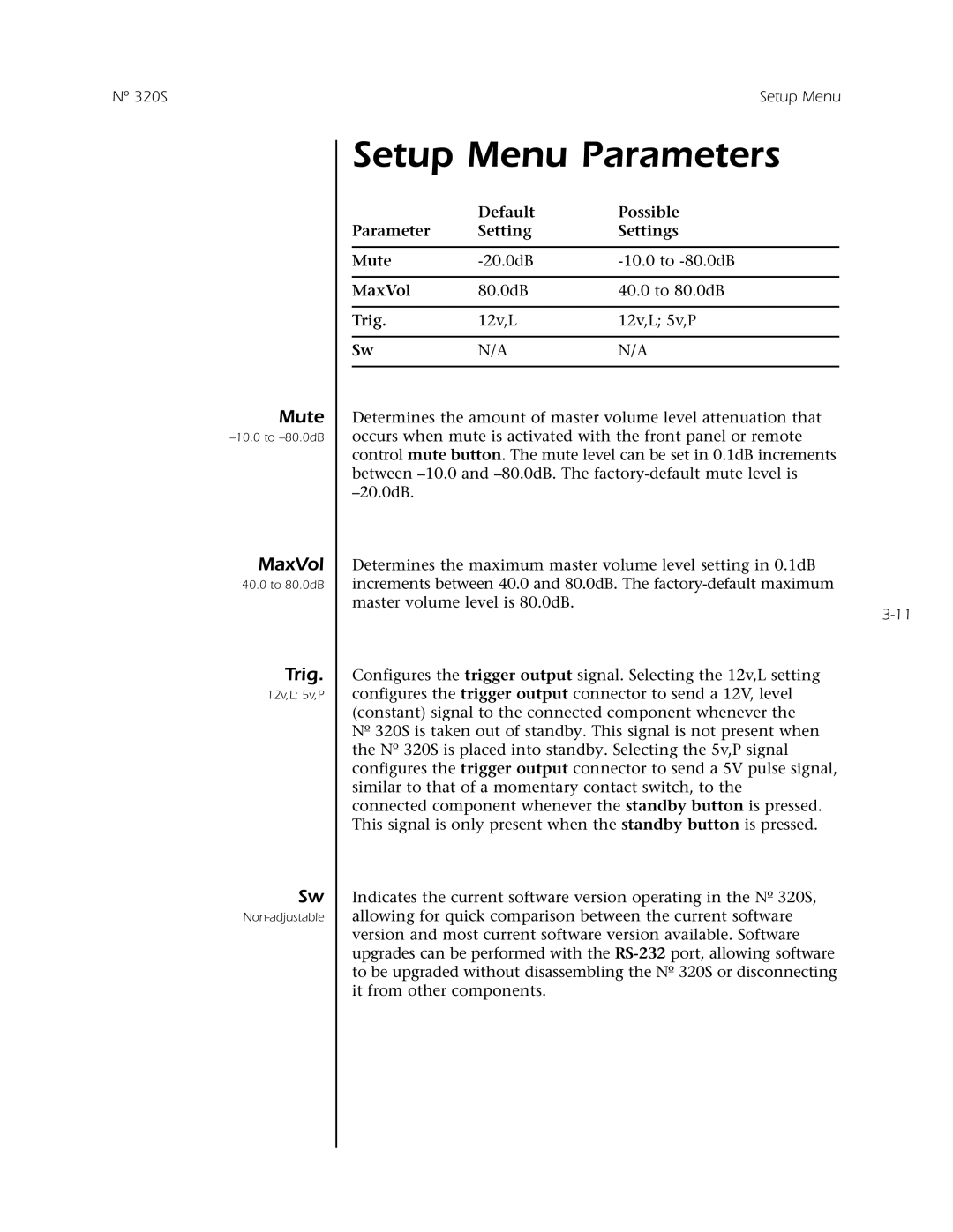 Mark Levinson N 320S owner manual Setup Menu Parameters, Mute, MaxVol, Trig, Default, Possible, Settings 