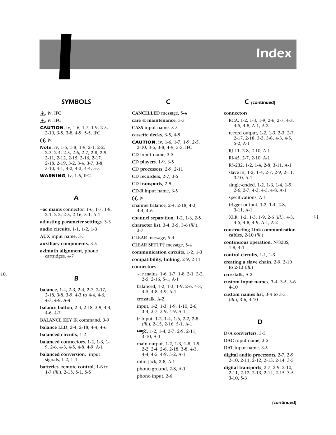 Mark Levinson N 320S owner manual Index, Symbols 