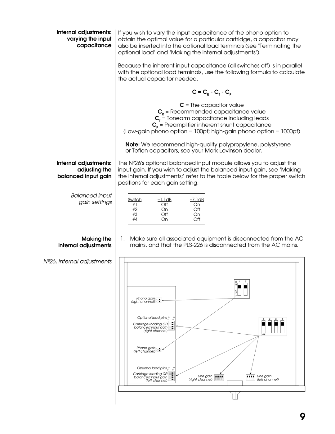 Mark Levinson N26 manual Balanced input gain settings 