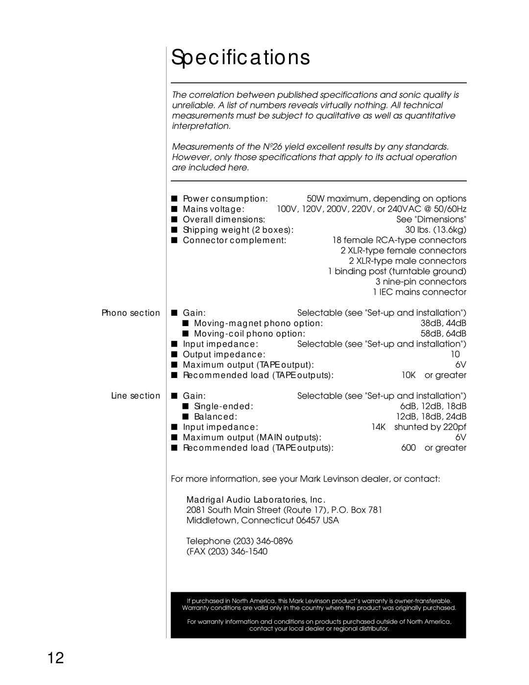 Mark Levinson N26 manual Specifications 