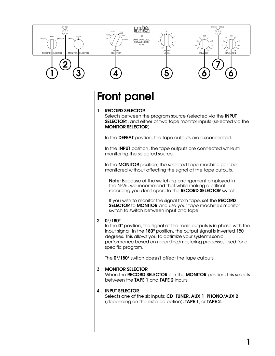 Mark Levinson N26 manual Front panel, Record Selector, Monitor Selector, Input Selector 