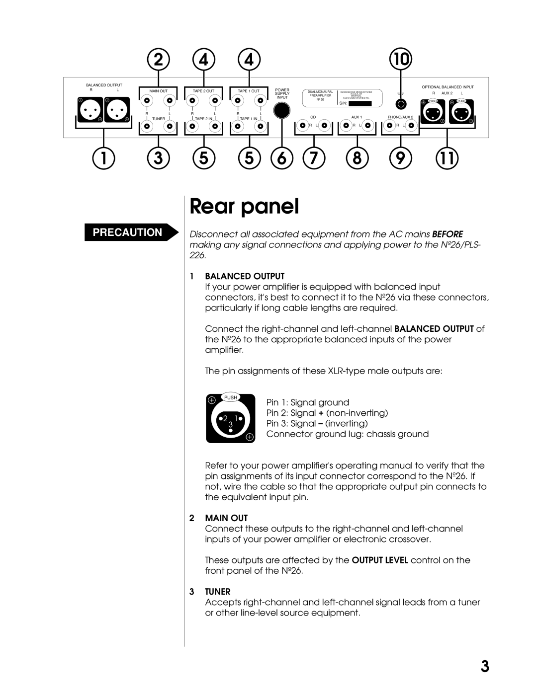 Mark Levinson N26 manual Rear panel, Balanced Output, Main OUT, Tuner 
