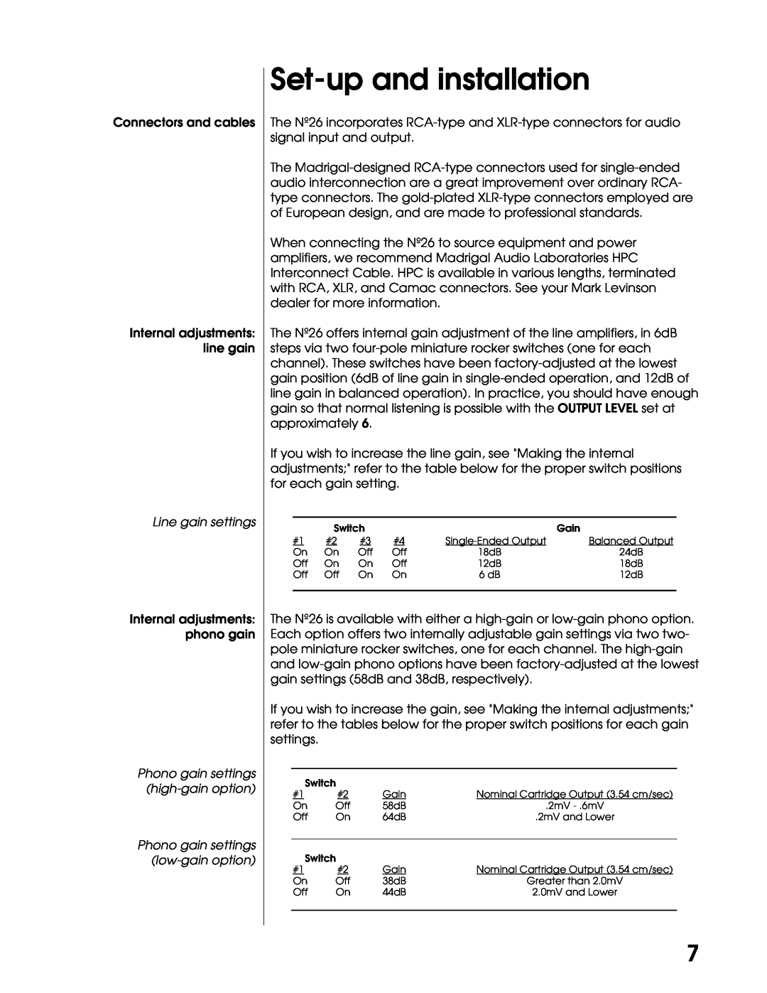 Mark Levinson N26 manual Set-upand installation, Line gain settings, Phono gain settings high-gainoption 