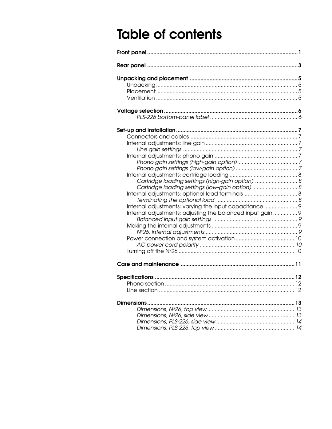 Mark Levinson N26 manual Table of contents, Phono gain settings high-gainoption, Phono gain settings low-gainoption 
