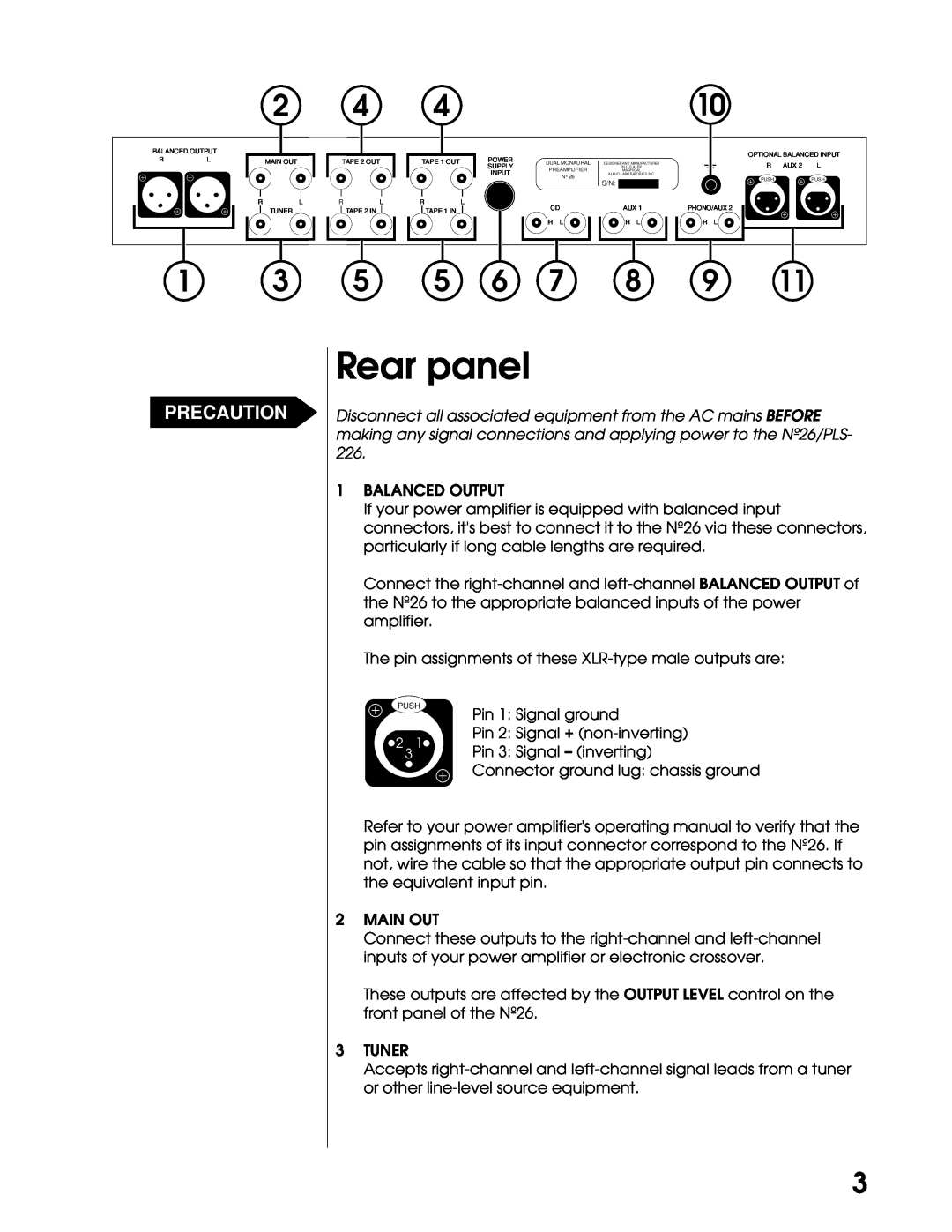 Mark Levinson N26 manual Rear panel, Precaution 