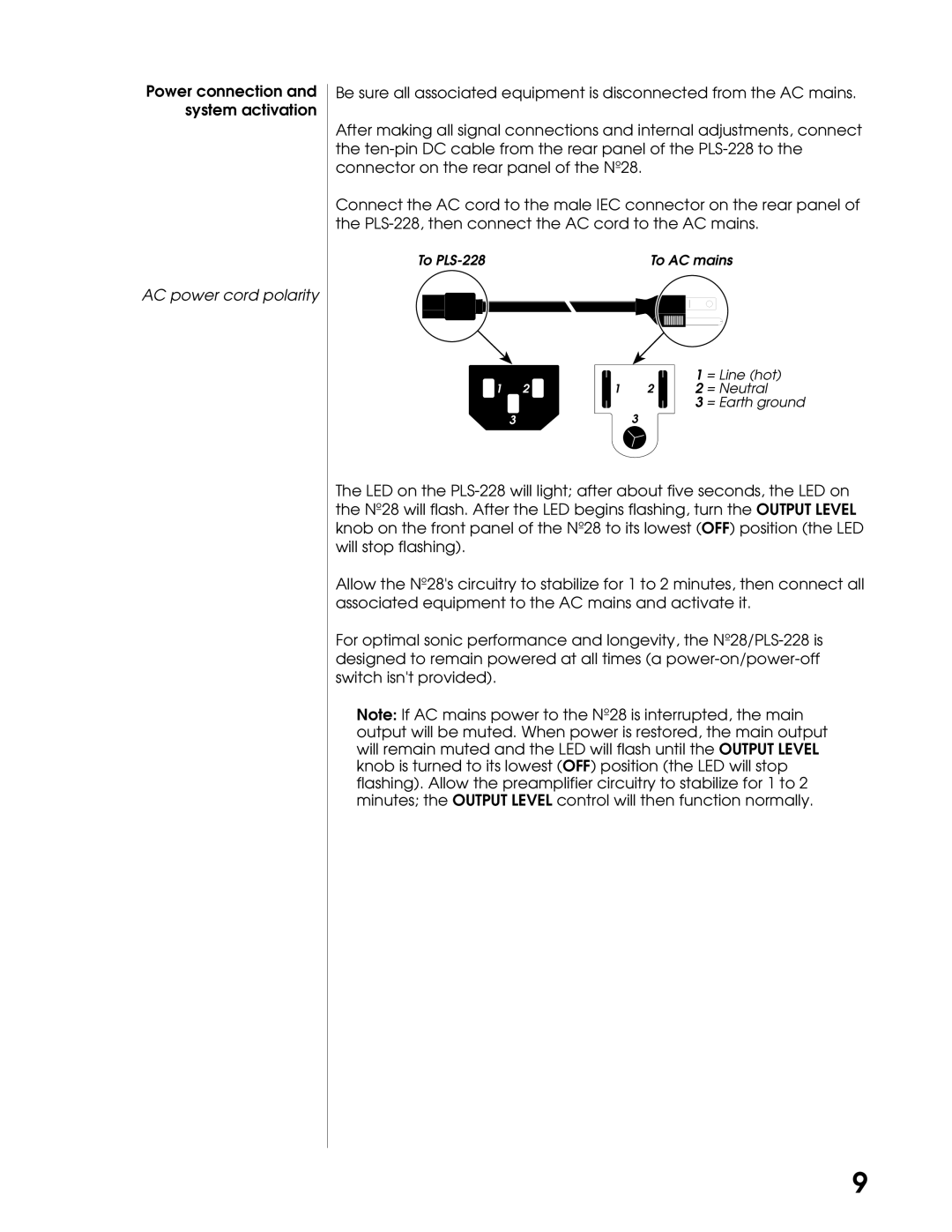 Mark Levinson N28 manual To PLS-228 To AC mains = Line hot = Neutral = Earth ground 