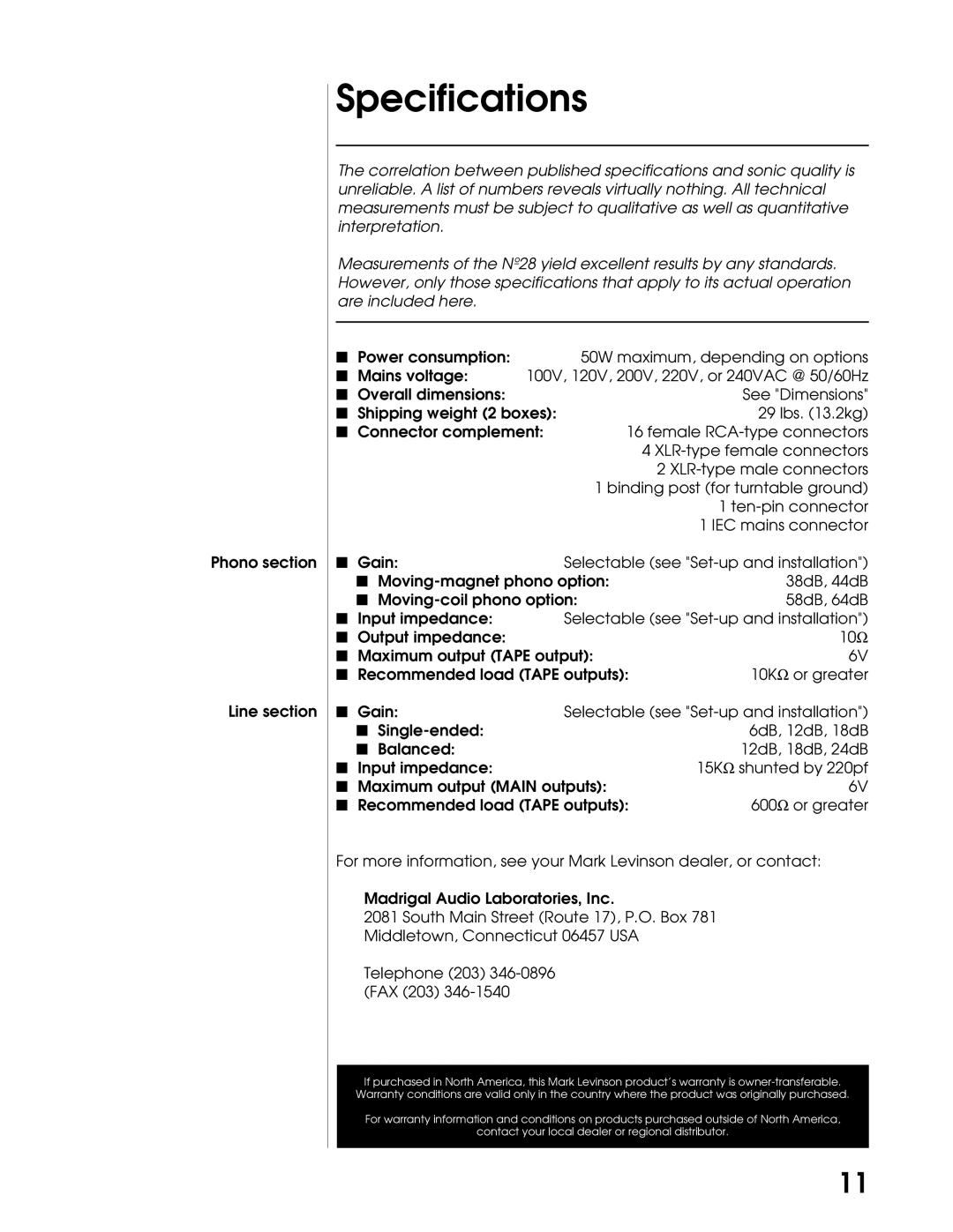 Mark Levinson N28 manual Specifications 