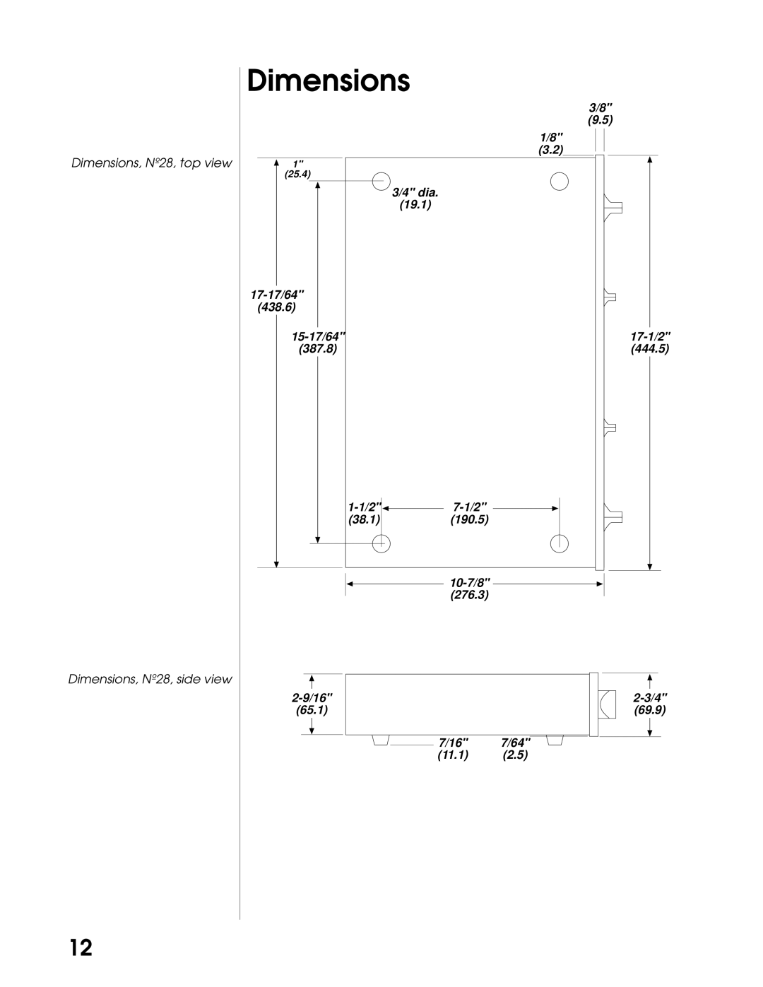 Mark Levinson N28 manual Dimensions, 38.1 190.5 10-7/8 276.3 65.1 69.9 16 7/64 11.1 