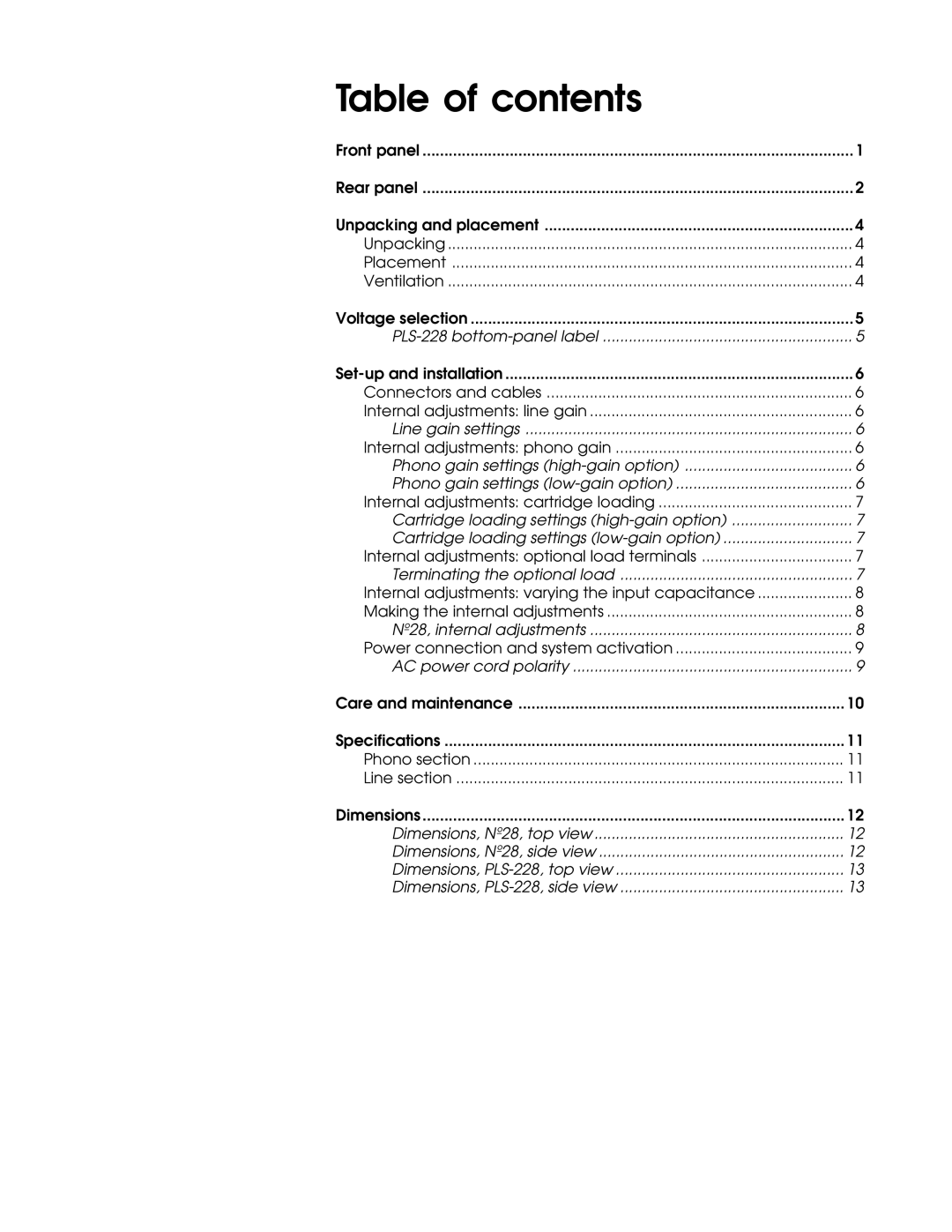 Mark Levinson N28 manual Table of contents 