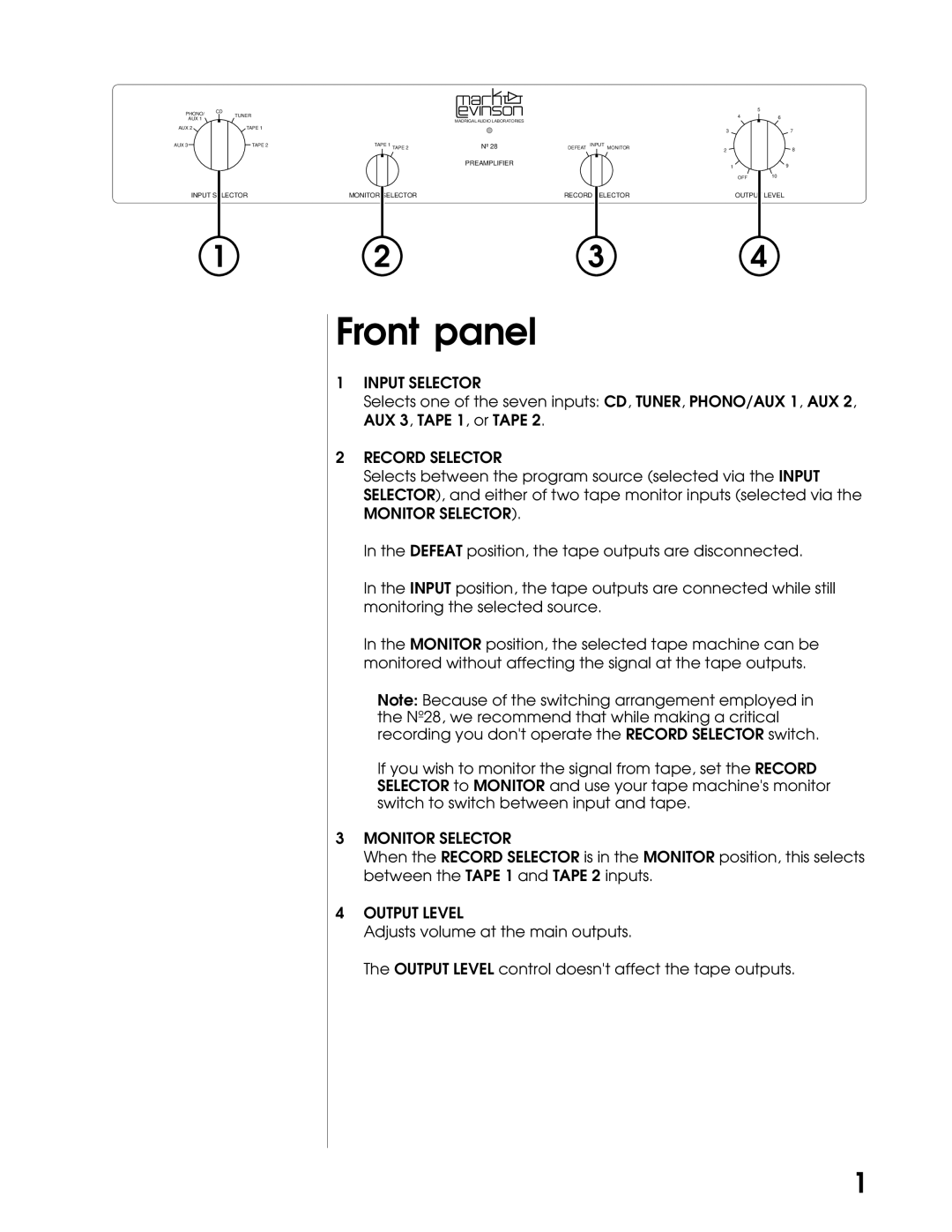 Mark Levinson N28 manual Front panel, Record Selector 