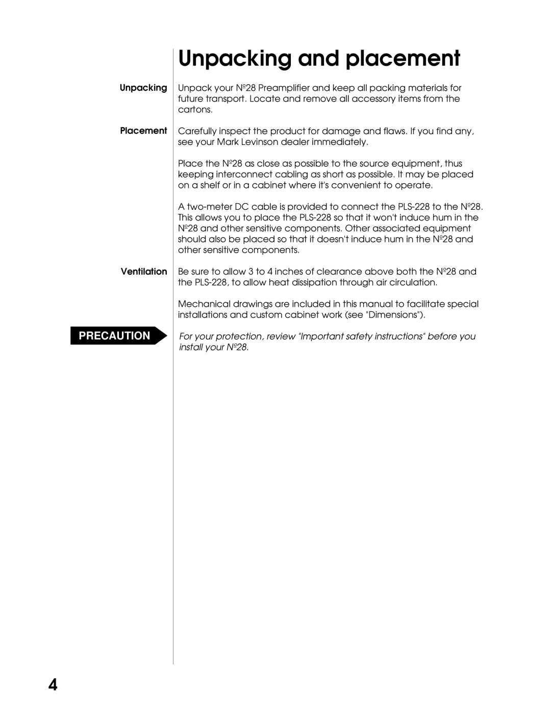 Mark Levinson N28 manual Unpacking and placement 