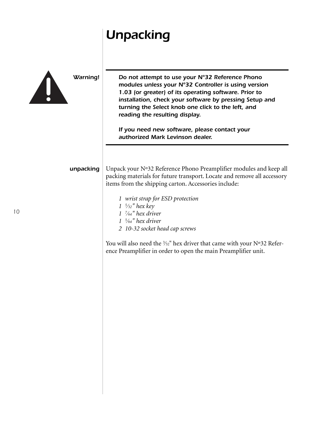 Mark Levinson N32 owner manual Unpacking 