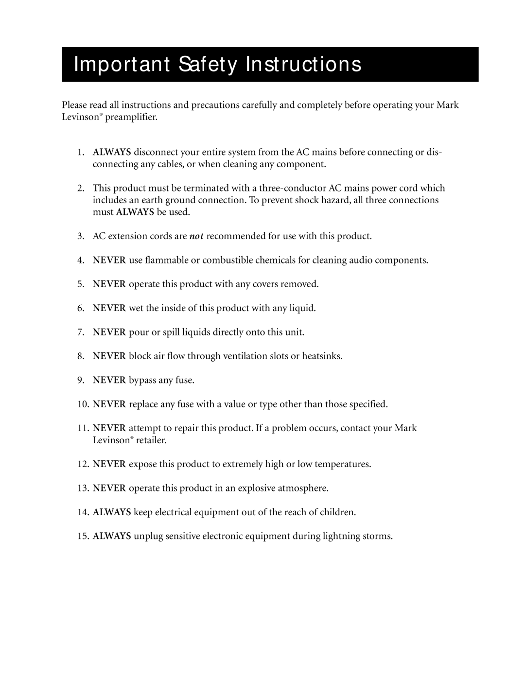 Mark Levinson N32 owner manual Important Safety Instructions 