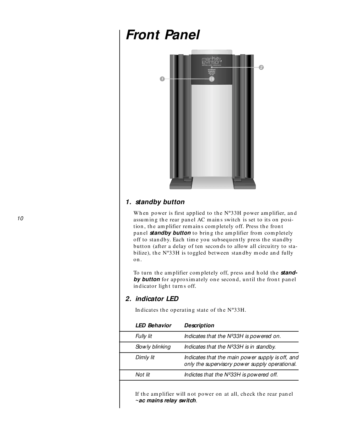 Mark Levinson N33H owner manual Front Panel, Standby button, Indicator LED 