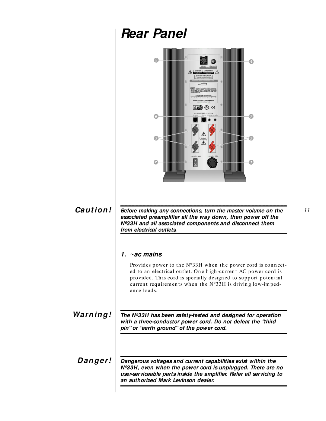 Mark Levinson N33H owner manual Rear Panel, ~ac mains 