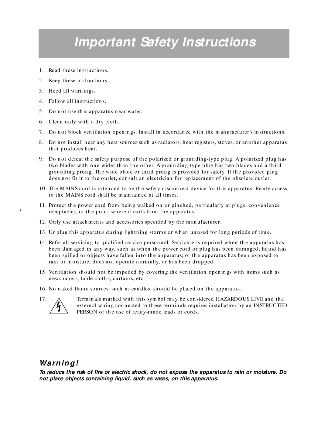 Mark Levinson N33H owner manual Important Safety Instructions 