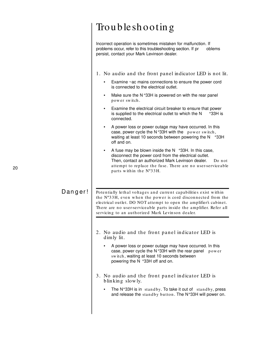 Mark Levinson N33H owner manual Troubleshooting, No audio and the front panel indicator LED is not lit 