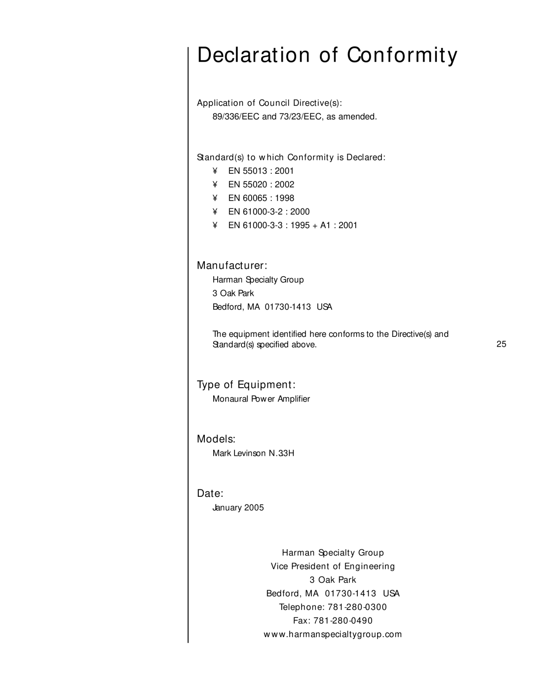 Mark Levinson N33H owner manual Declaration of Conformity, Manufacturer, Type of Equipment, Models, Date 