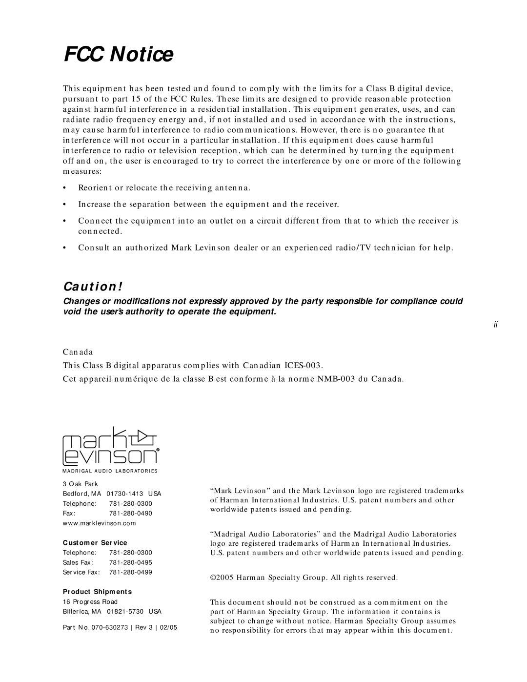 Mark Levinson N33H owner manual FCC Notice 