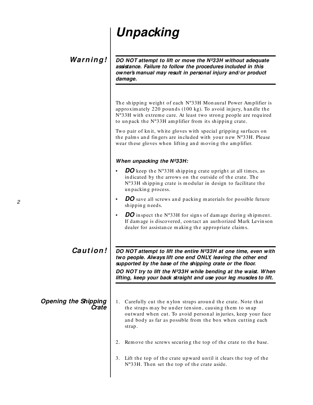 Mark Levinson N33H owner manual Unpacking, Opening the Shipping Crate 