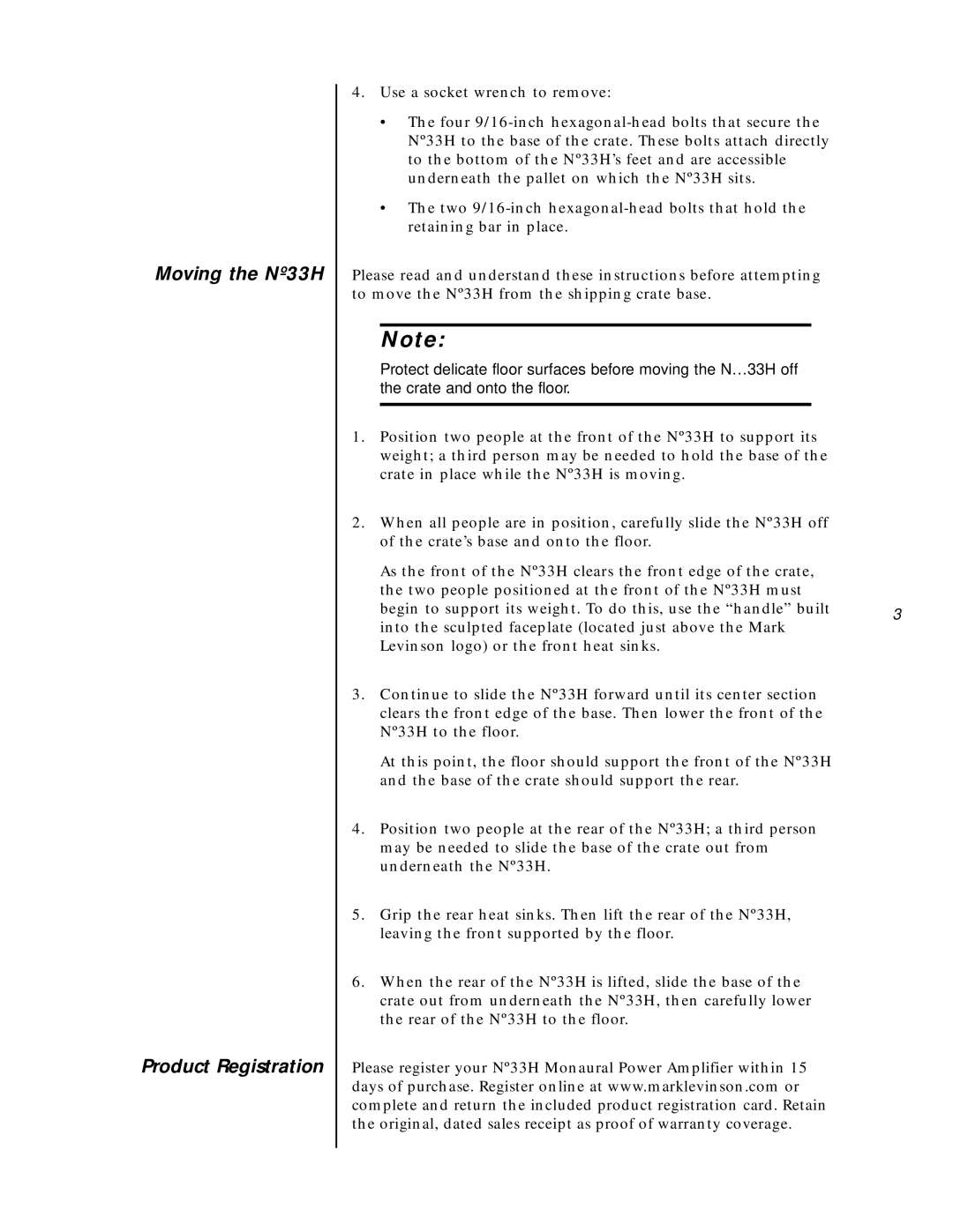 Mark Levinson N33H owner manual Moving the Nº33H Product Registration 