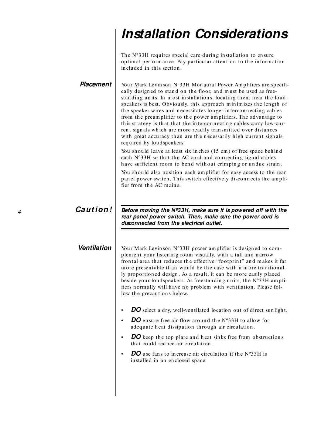 Mark Levinson N33H owner manual Installation Considerations, Placement, Ventilation 