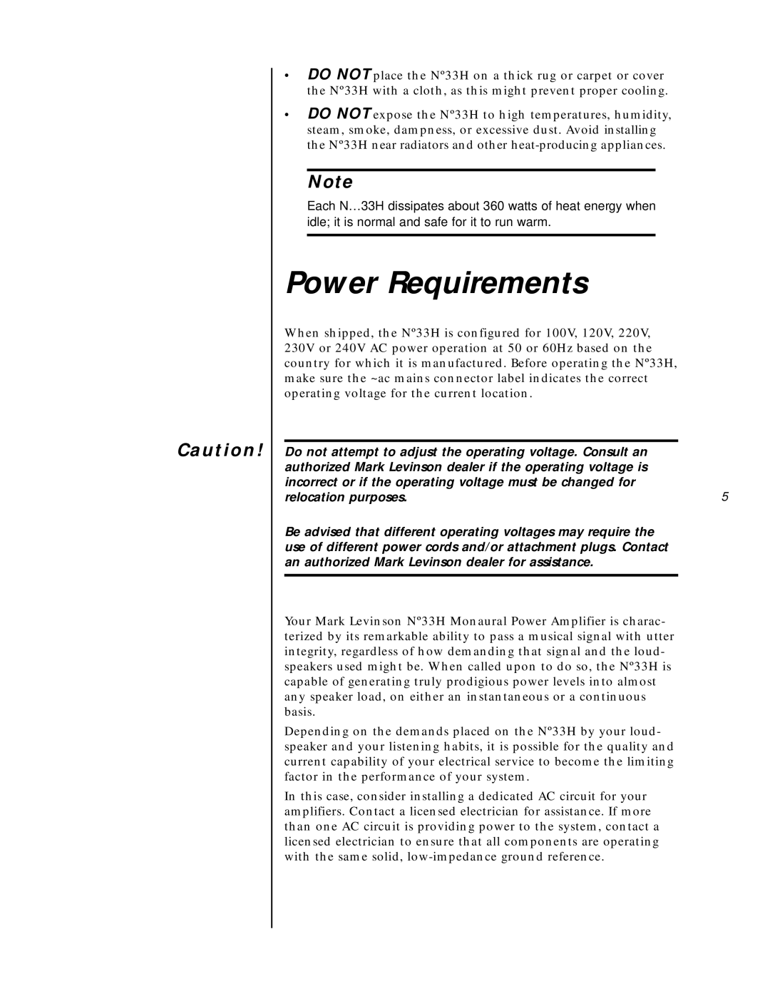 Mark Levinson N33H owner manual Power Requirements 