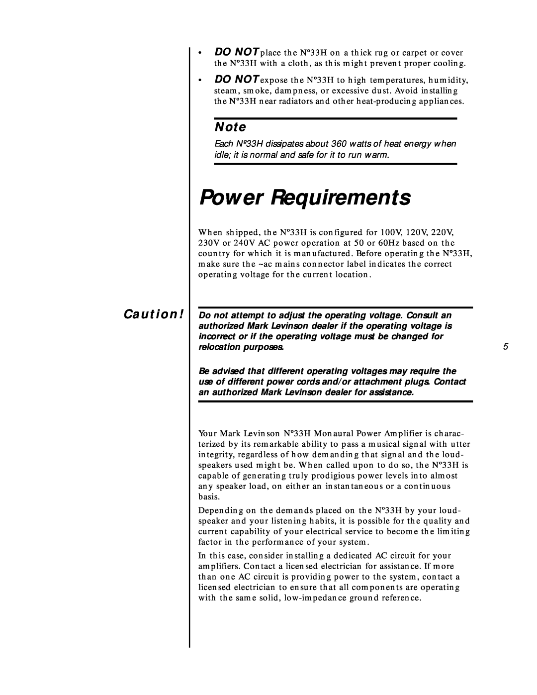Mark Levinson N33H owner manual Power Requirements, relocation purposes 