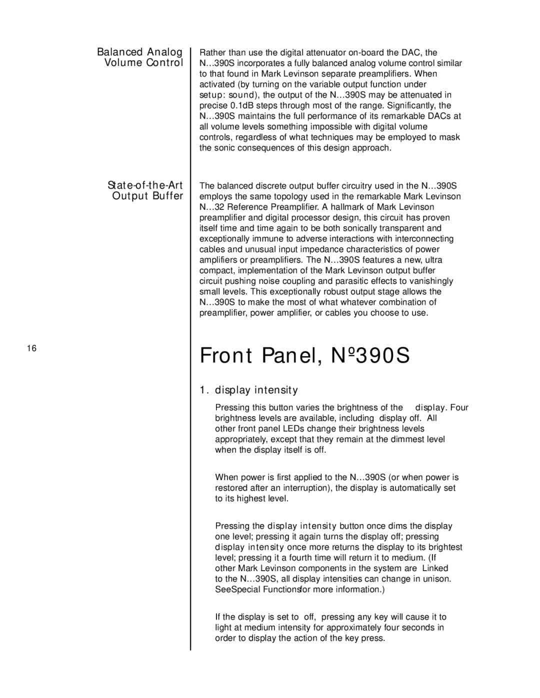 Mark Levinson N390S owner manual Front Panel, Nº390S, Display intensity 